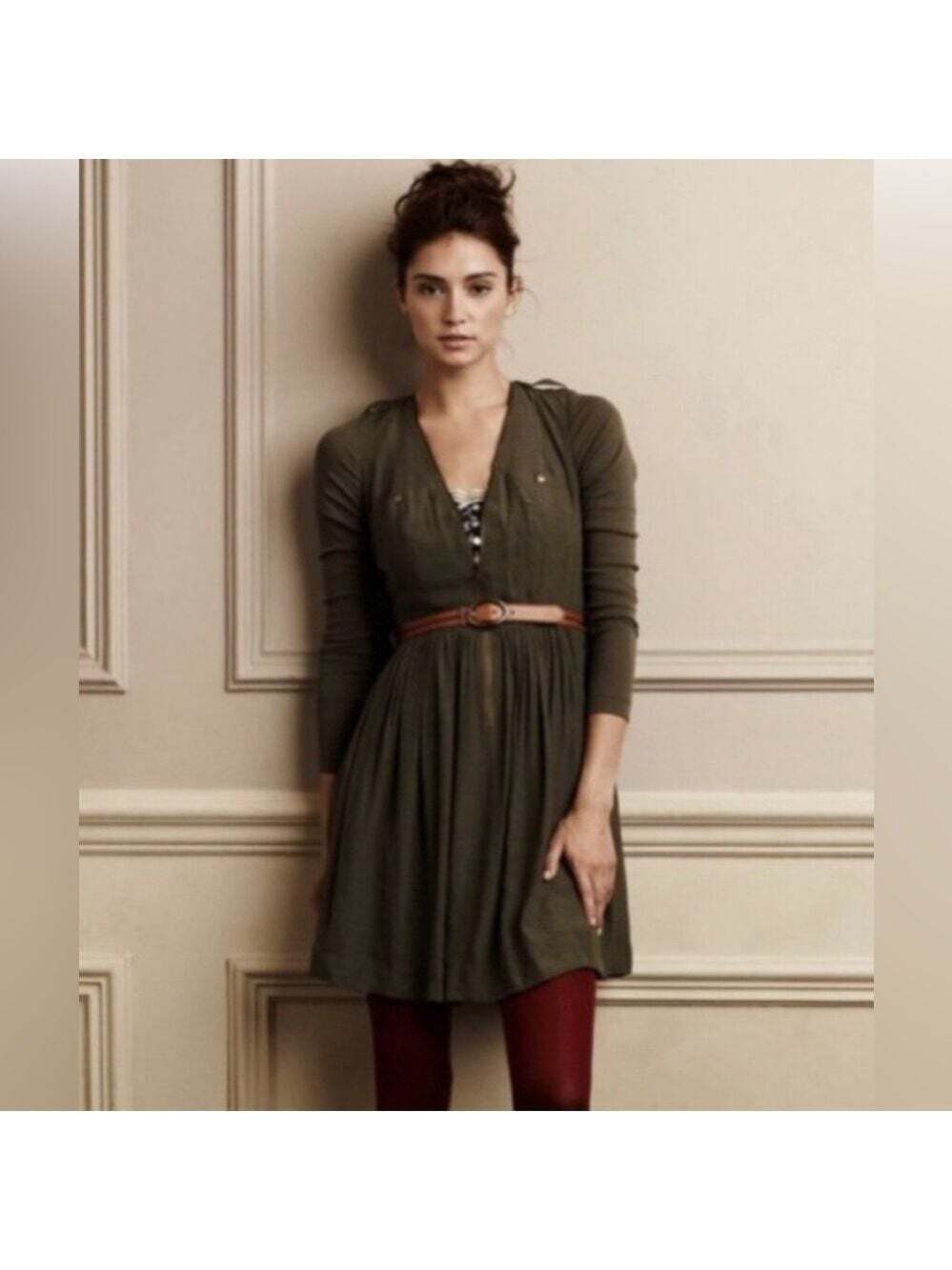 Anthropologie Parameter Dress Size 8 Green Zip Front Pockets Buttons Boho Casual